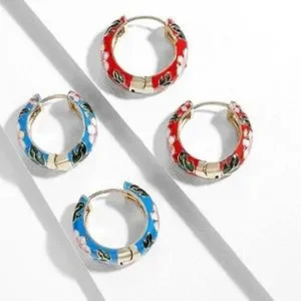 Red or Blue Flowers Hoop Earrings